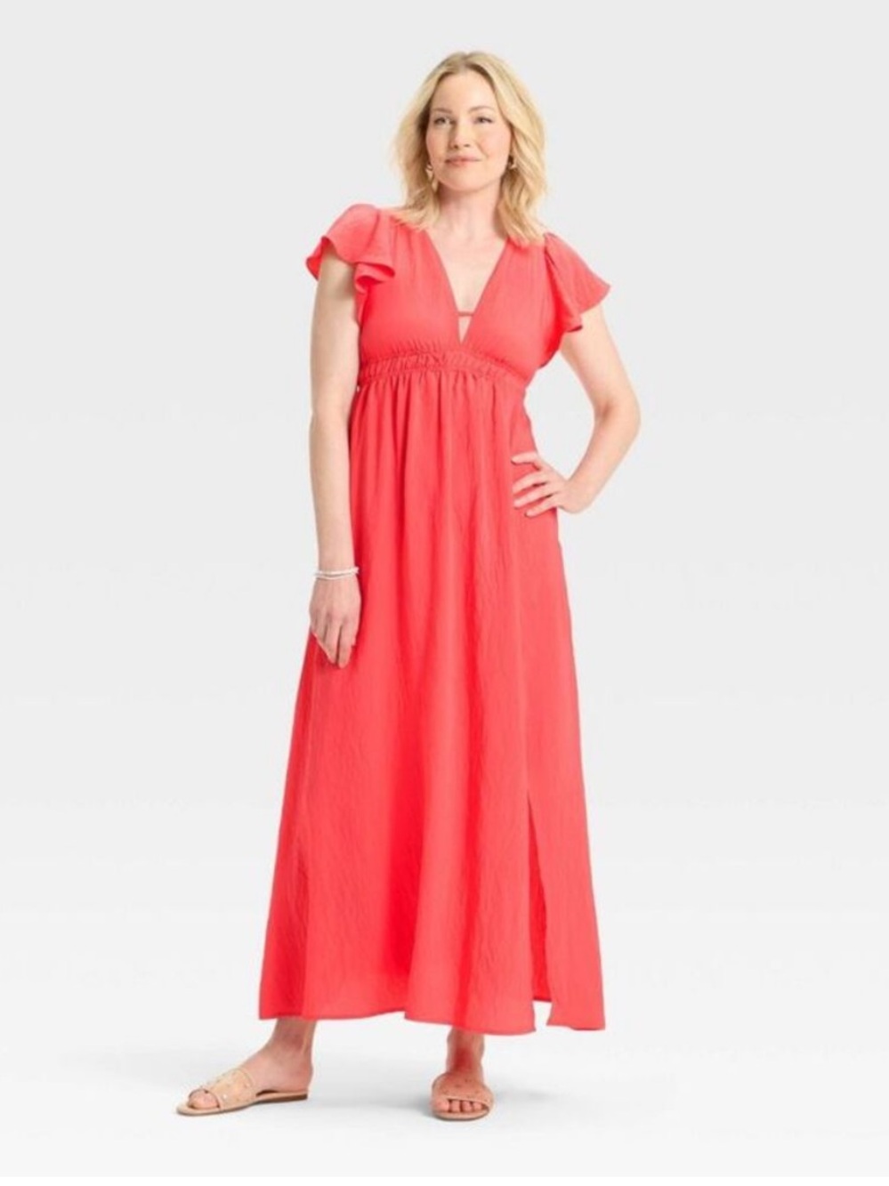 A New Day Woman’s Flutter Sleeve V-Neck A Line Maxi Dress Coral XXL NWT